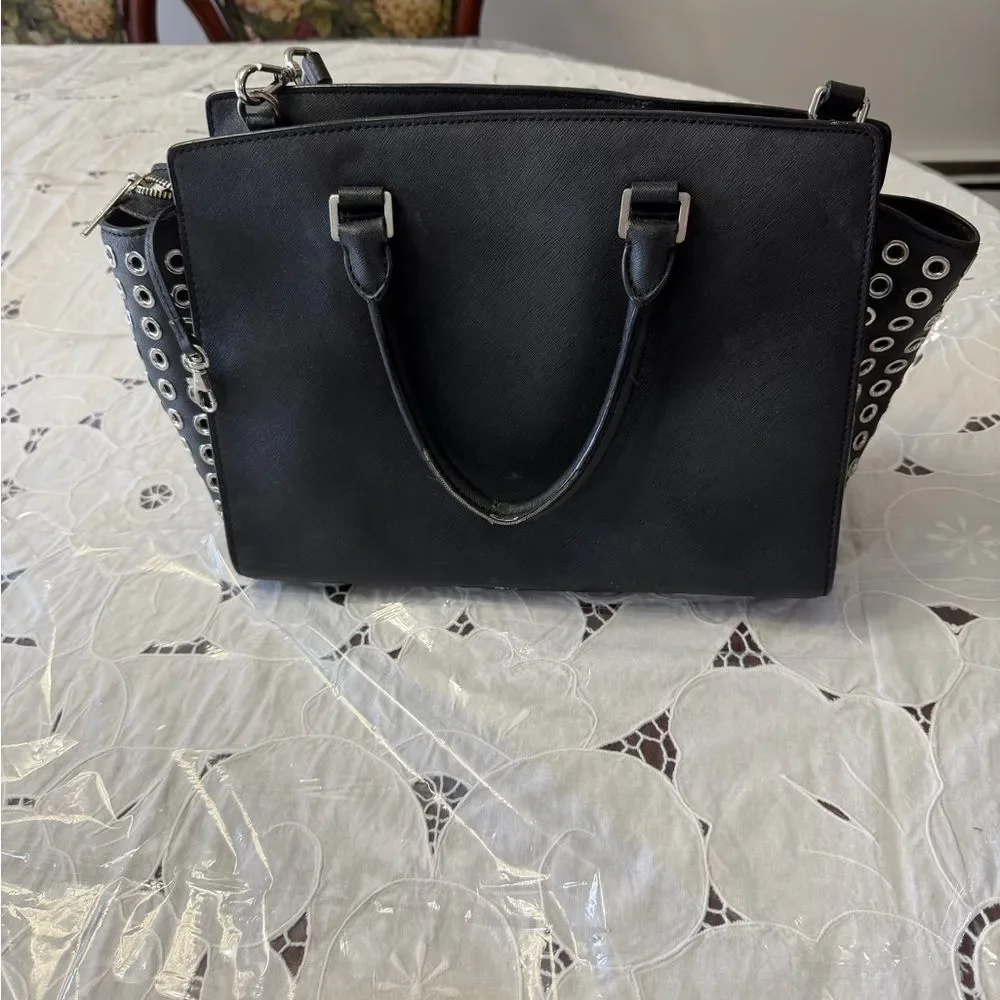 Michael Kors Black Studded Saffiano Leather Satchel | Crossbody